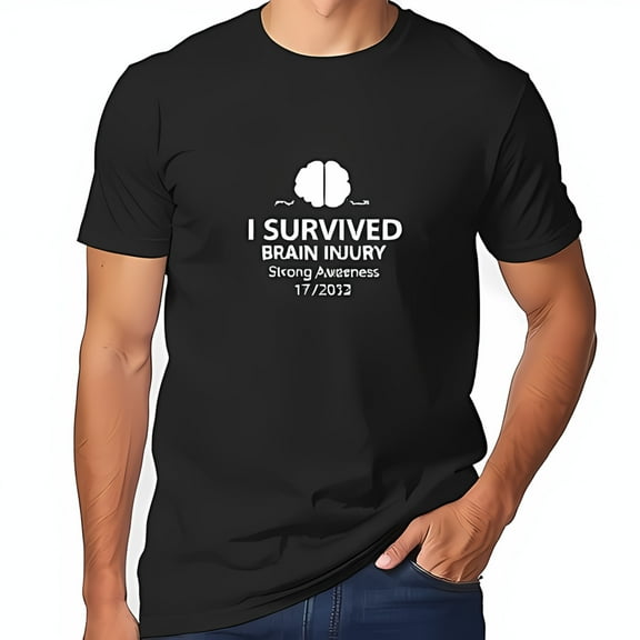 I Survived Brain Injury Cotton Short Sleeve T-Shirt - Bold White Text & Brain Graphic - Strong Awareness 17 2032 Campaign