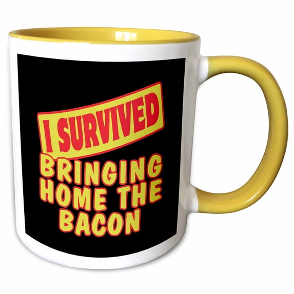 3drose, I Survived Bringing Home the Bacon Survial Pride and Humor Design, 11oz Two-tone Yellow Mug