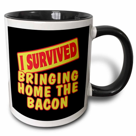 3drose, I Survived Bringing Home the Bacon Survial Pride and Humor Design, 15oz Two-tone Black Mug