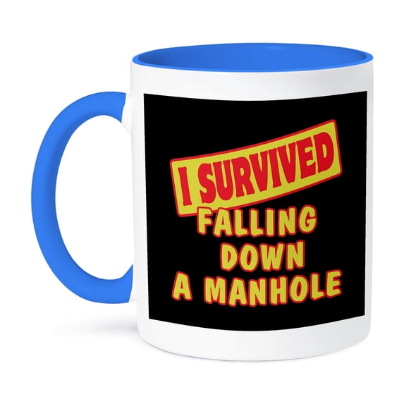 3dRose, I Survived Falling Down A Manhole Survial Pride And Humor Design, 11oz Two-Tone Blue Mug