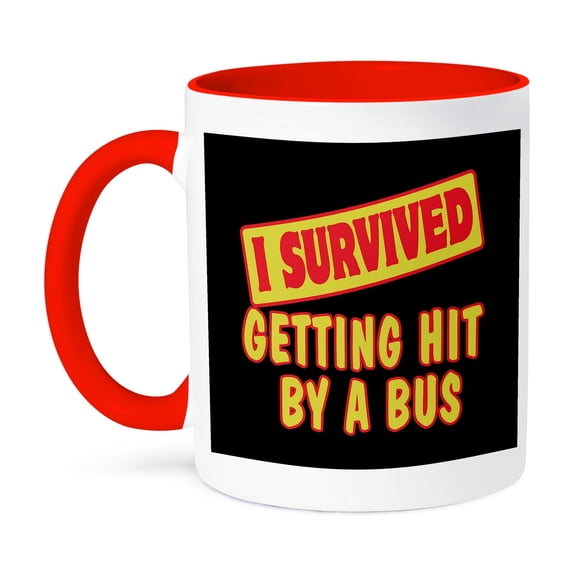 3dRose, I Survived Getting Hit By A Bus Survial Pride And Humor Design, 11oz Two-Tone Red Mug