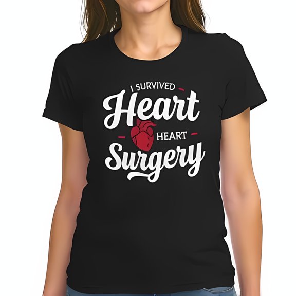 I Survived Heart Surgery Cotton Short Sleeve T-Shirt - Bold Red Heart Graphic & Artistic Lettering Resilience