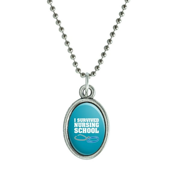 I Survived Nursing School Stethoscope RN Antiqued Oval Charm Pendant with Chain