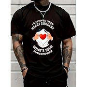 I Survived Open Heart Surgery Funny Bypass Heart Survivor Men's Cotton Crew Neck Graphic Tee Casual Short Sleeve Solid T-Shirt