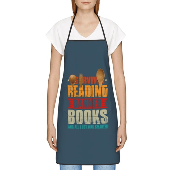 I Survived Reading Banned Books and All I Got Was Smarter Apron, Inspirational Gifts for Men Women, Funny Apron, Chef Bib with Pockets, Waterproof Work Apron for BBQ Kitchen Crafting Gardening