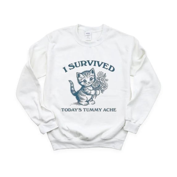 I Survived Todays Tummy Ache Unisex Cat Meme Vintage Sweatshirt, for men & women, up to size 5XL