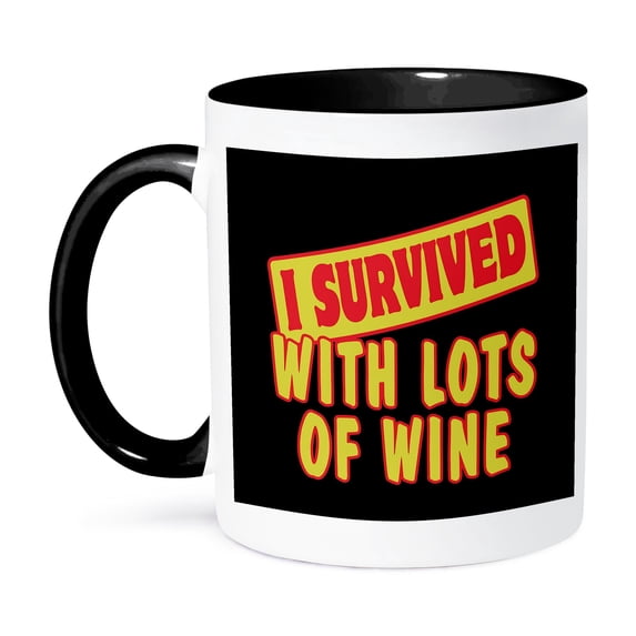 3dRose, I Survived With Lots Of Wine Funny Survial Pride And Humor Design, 15oz Two-Tone Black Mug