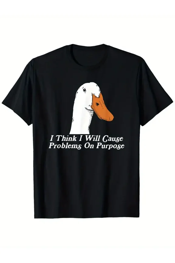 I for THINK I Will Cause Problems On Purpose" Men's Cotton T-Shirt - Black Casual Summer Tee with White Duck Graphic, Comfortable & Versatile Round Neck Short Sleeve, 100