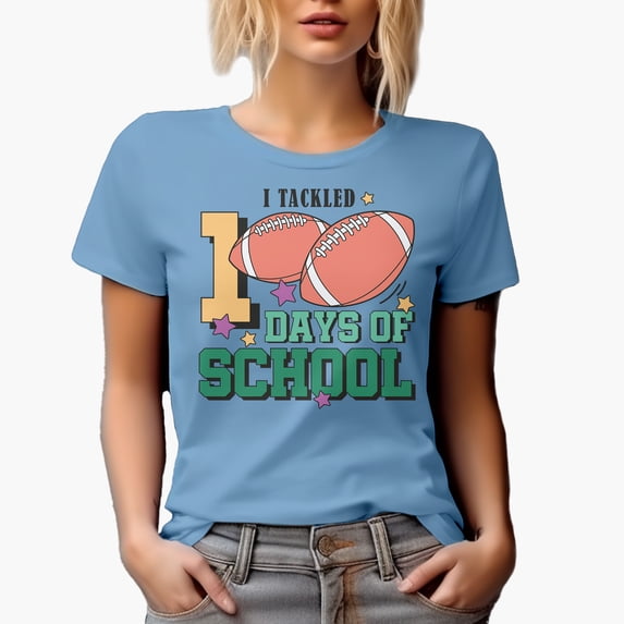 I Tackled 100 Days of School with Football Art Merch Gift, Baby Blue T-Shirt, Small