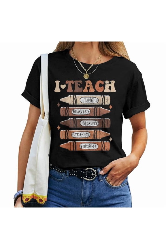 I Teach Black History Month Melanin Crayons Graphic Tee Women Adult Cotton Shirt for Black Educators, Cultural Pride Casual Outfit, Empowering Gift Idea for Teachers, Size 4XL, Color Black