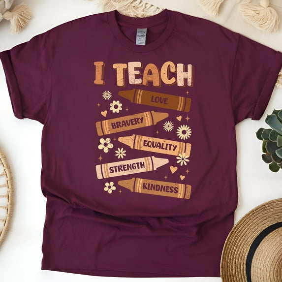 I Teach Love and Kindness Shirt – Teacher Crayon Graphic Tee, Maroon, Size XL