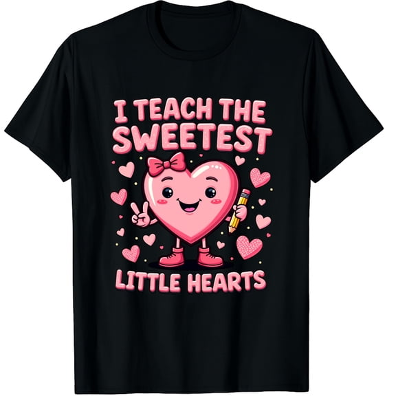 I Teach The Sweetest Little Heart Teacher Valentines Day Graphic Black T-Shirt for Men and Women