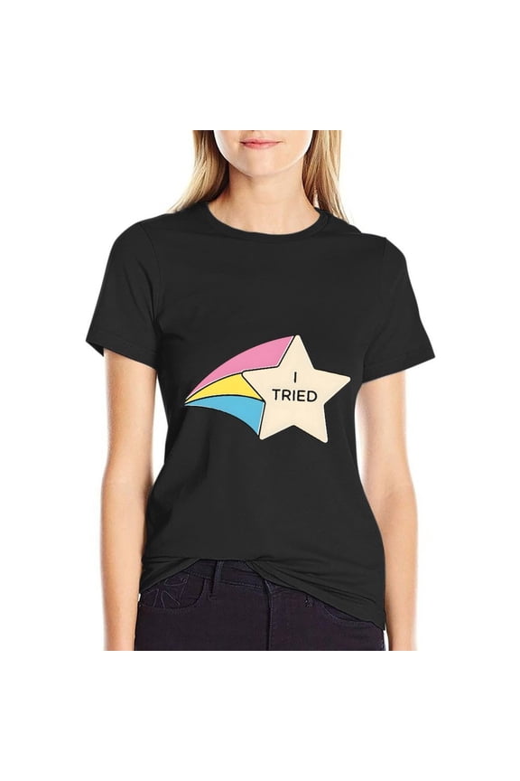 I Tried Women’s Cotton Short Sleeve T-Shirt HD Graphic Print Casual Crew Neck Tee L