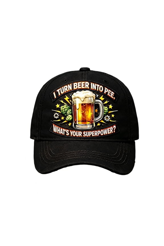 I Turn Beer Into Pee Hat – Funny Beer Lover Cap with Superpower Letter, Unique Gift for Men, Casual Hat for Beer Enthusiasts, Adjustable Casual Baseball Hat for Bars, Parties, and Outdoor