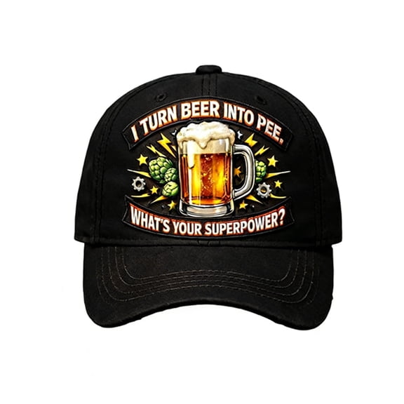 I Turn Beer Into Pee Hat – Funny Beer Lover Cap with Superpower Letter, Unique Gift for Men, Casual Hat for Beer Enthusiasts, Adjustable Casual Baseball Hat for Bars, Parties, and Outdoor