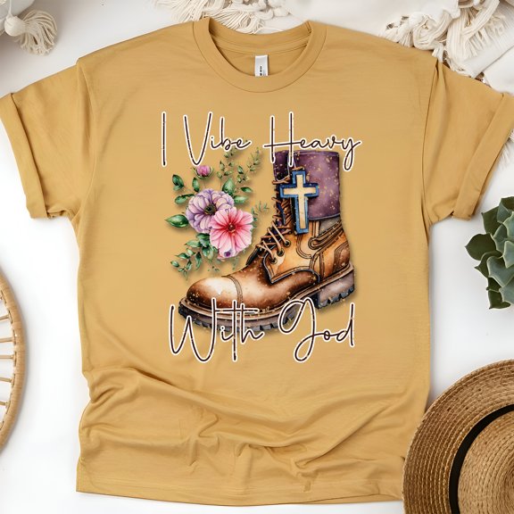 I Vibe Heavy With God Christian T-Shirt Faith Graphic Boot Design, Gold, Size XL