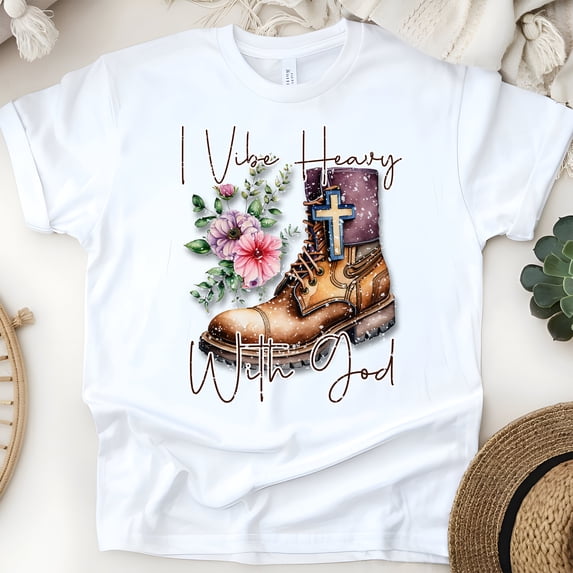 I Vibe Heavy With God Christian T-Shirt Faith Graphic Boot Design, White, Size S