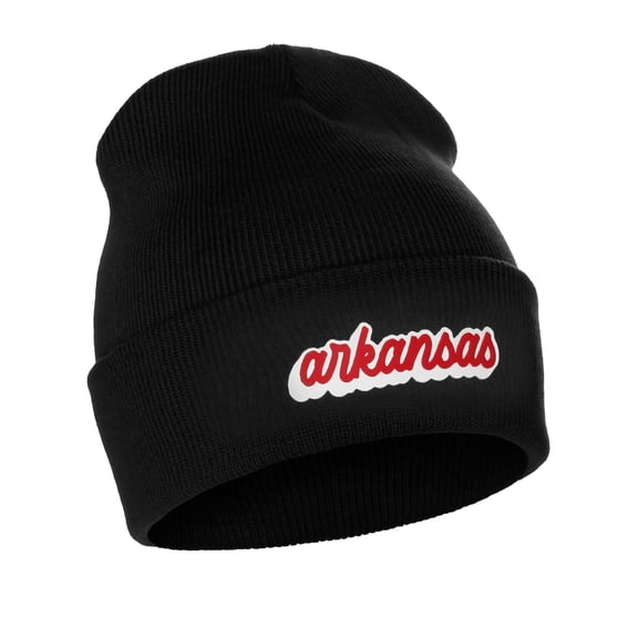 I&W Classic USA Cities Winter Knit Cuffed Beanie Hat 3D Raised Layer Letters, Arkansas Black, White Red