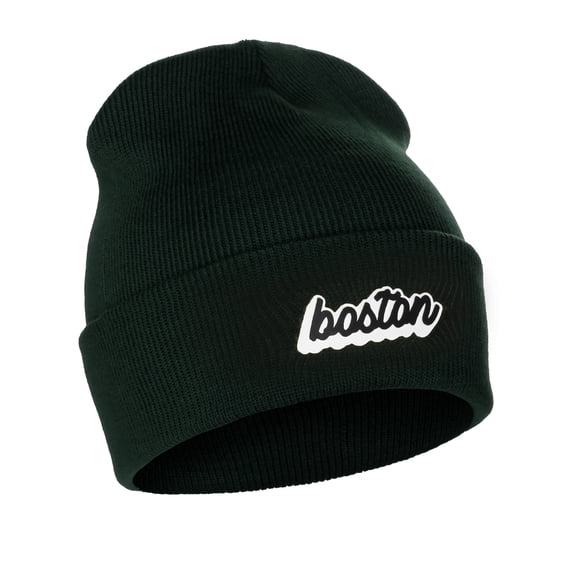 I&W Classic USA Cities Winter Knit Cuffed Beanie Hat 3D Raised Layer Letters, Boston Green, White Black