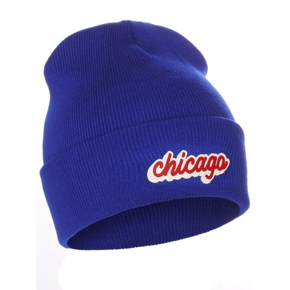 I&W Classic USA Cities Winter Knit Cuffed Beanie Hat 3D Raised Layer Letters, Chicago Royal, White Red