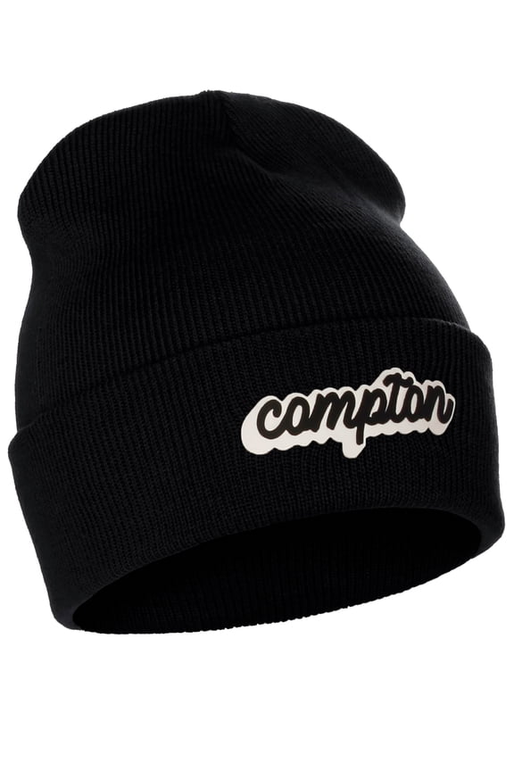 I&W Classic USA Cities Winter Knit Cuffed Beanie Hat 3D Raised Layer Letters, Compton Black, White Black