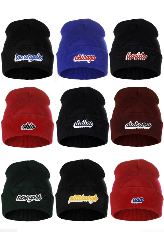 I&W Classic USA Cities Winter Knit Cuffed Beanie Hat 3D Raised Layer Letters