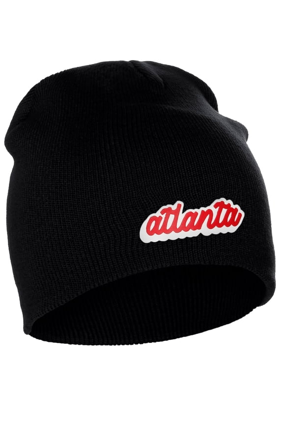 I&W Classic USA Cities Winter Knit Cuffless Beanie Hat 3D Raised Layer Letters, Atlanta Black , White red