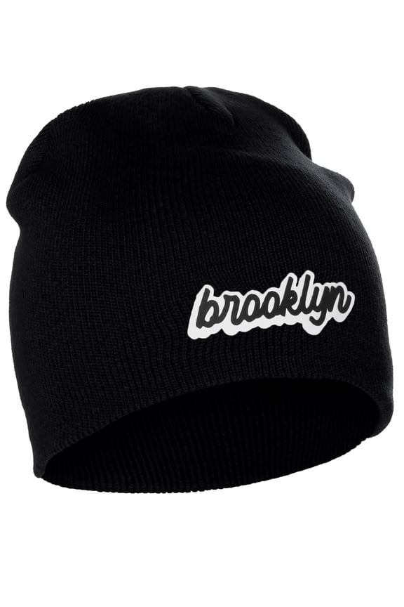 I&W Classic USA Cities Winter Knit Cuffless Beanie Hat 3D Raised Layer Letters, Brooklyn Black, White Black