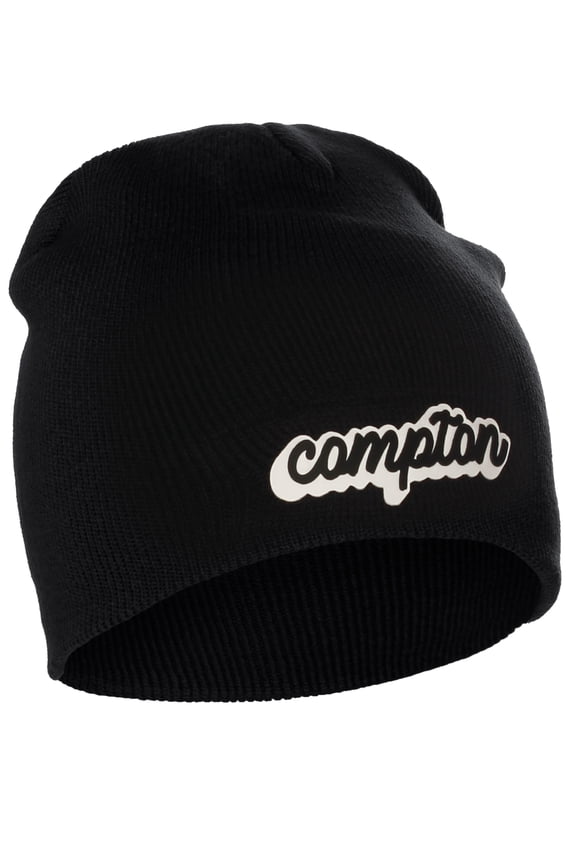 I&W Classic USA Cities Winter Knit Cuffless Beanie Hat 3D Raised Layer Letters, Compton Black, White Black