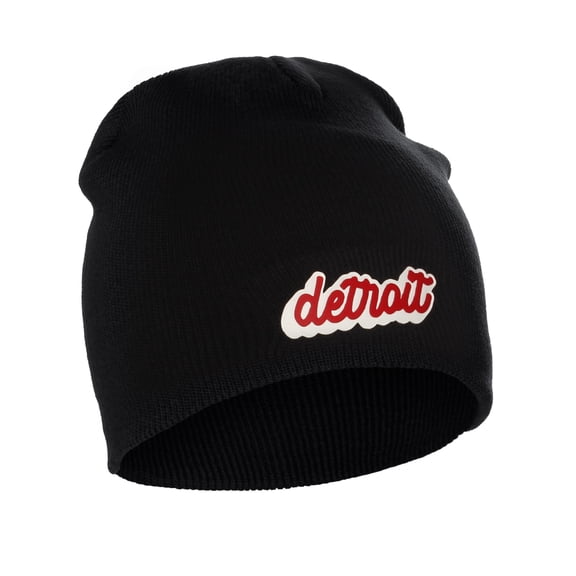 I&W Classic USA Cities Winter Knit Cuffless Beanie Hat 3D Raised Layer Letters, Detroit Black, White Red