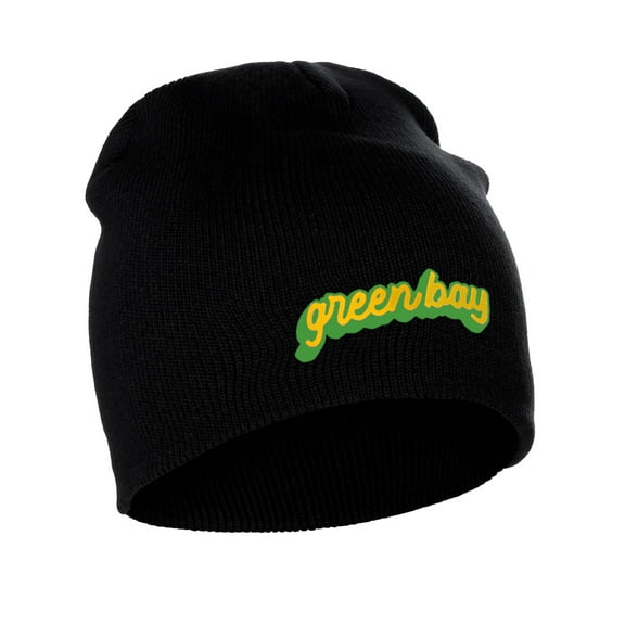 I&W Classic USA Cities Winter Knit Cuffless Beanie Hat 3D Raised Layer Letters, Green Bay Black, Green Gold