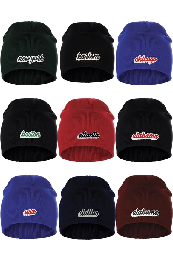 I&W Classic USA Cities Winter Knit Cuffless Beanie Hat 3D Raised Layer Letters