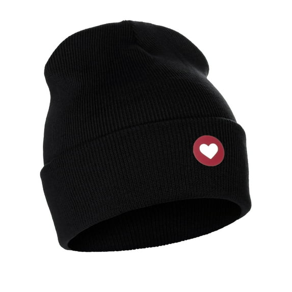 I&W Classic Winter Cuffed Beanie Knit Hat Love or Broken Heart Logo (Black Beanie, Red White Love Heart)
