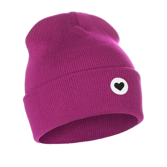 I&W Classic Winter Cuffed Beanie Knit Hat Love or Broken Heart Logo (Hot Pink Beanie, White Black Love Heart)