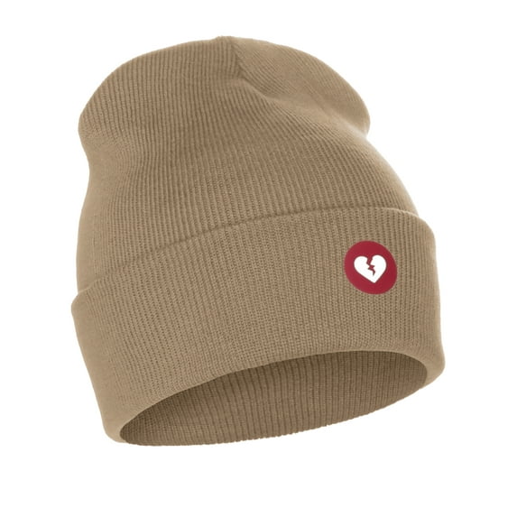 I&W Classic Winter Cuffed Beanie Knit Hat Love or Broken Heart Logo (Khaki Beanie, Red White Broken Heart)