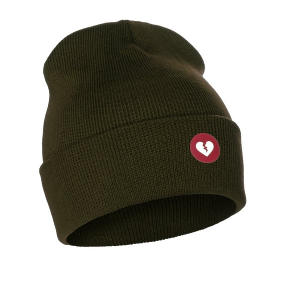I&W Classic Winter Cuffed Beanie Knit Hat Love or Broken Heart Logo (Olive Beanie, Red White Broken Heart)