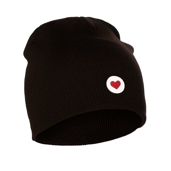 I&W Classic Winter Cuffless Beanie Knit Hat Love or Broken Heart Logo (Brown Beanie, White Red Love Heart)