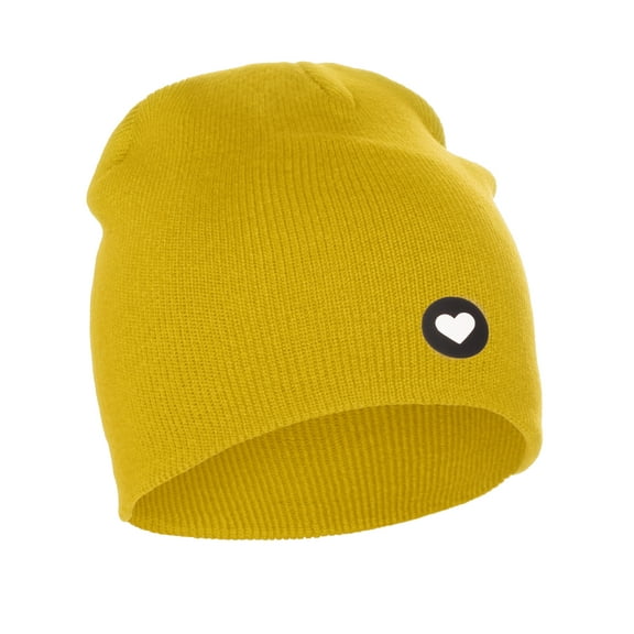 I&W Classic Winter Cuffless Beanie Knit Hat Love or Broken Heart Logo (Gold Beanie, Black White Love Heart)