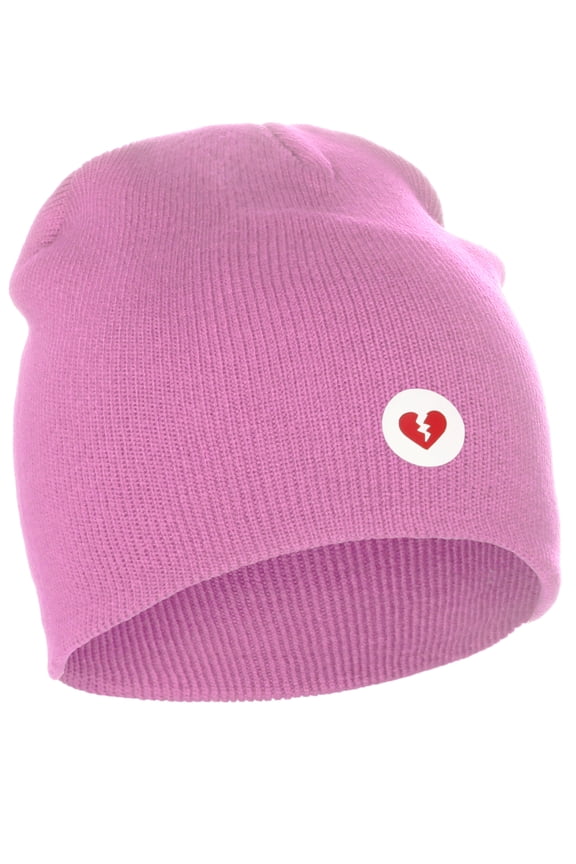 I&W Classic Winter Cuffless Beanie Knit Hat Love or Broken Heart Logo (Pink Beanie, White Red Broken Heart)