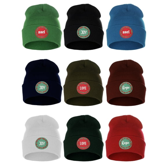 I&W Holiday Christmas Beanie Love Hope Joy Noel Winter Knit Cuffed Beanie Hat