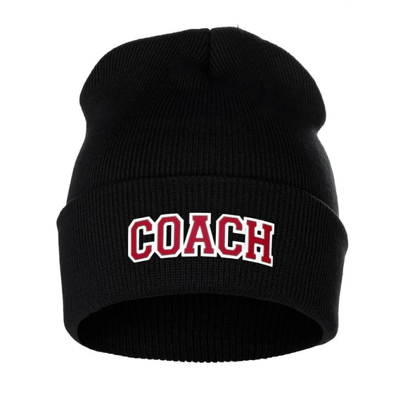 I&W Sports Team Coach Arch Letters Winter Knit Cuffed Beanie Hat, Black Beanie White Red