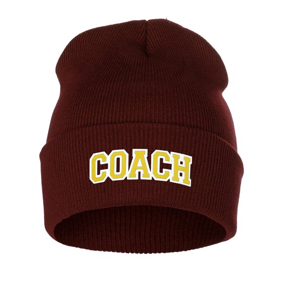 I&W Sports Team Coach Arch Letters Winter Knit Cuffed Beanie Hat, Burgundy Beanie White Gold