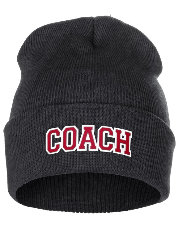 I&W Sports Team Coach Arch Letters Winter Knit Cuffed Beanie Hat, Charcoal Beanie White Red