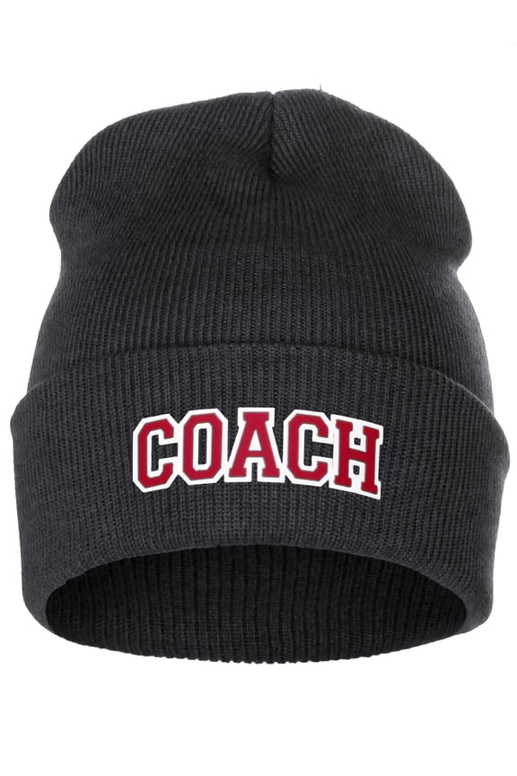 I&W Sports Team Coach Arch Letters Winter Knit Cuffed Beanie Hat, Charcoal Beanie White Red