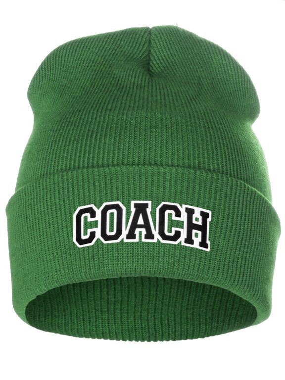 I&W Sports Team Coach Arch Letters Winter Knit Cuffed Beanie Hat, Green Beanie White Black