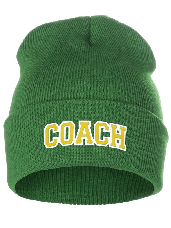 I&W Sports Team Coach Arch Letters Winter Knit Cuffed Beanie Hat, Green Beanie White Gold