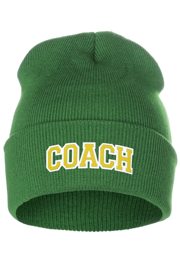 I&W Sports Team Coach Arch Letters Winter Knit Cuffed Beanie Hat, Green Beanie White Gold