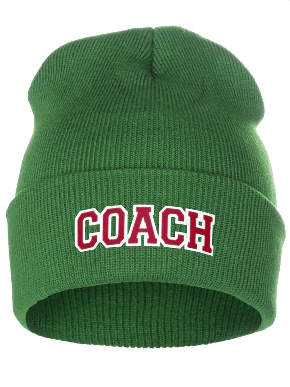 I&W Sports Team Coach Arch Letters Winter Knit Cuffed Beanie Hat, Green Beanie White Red