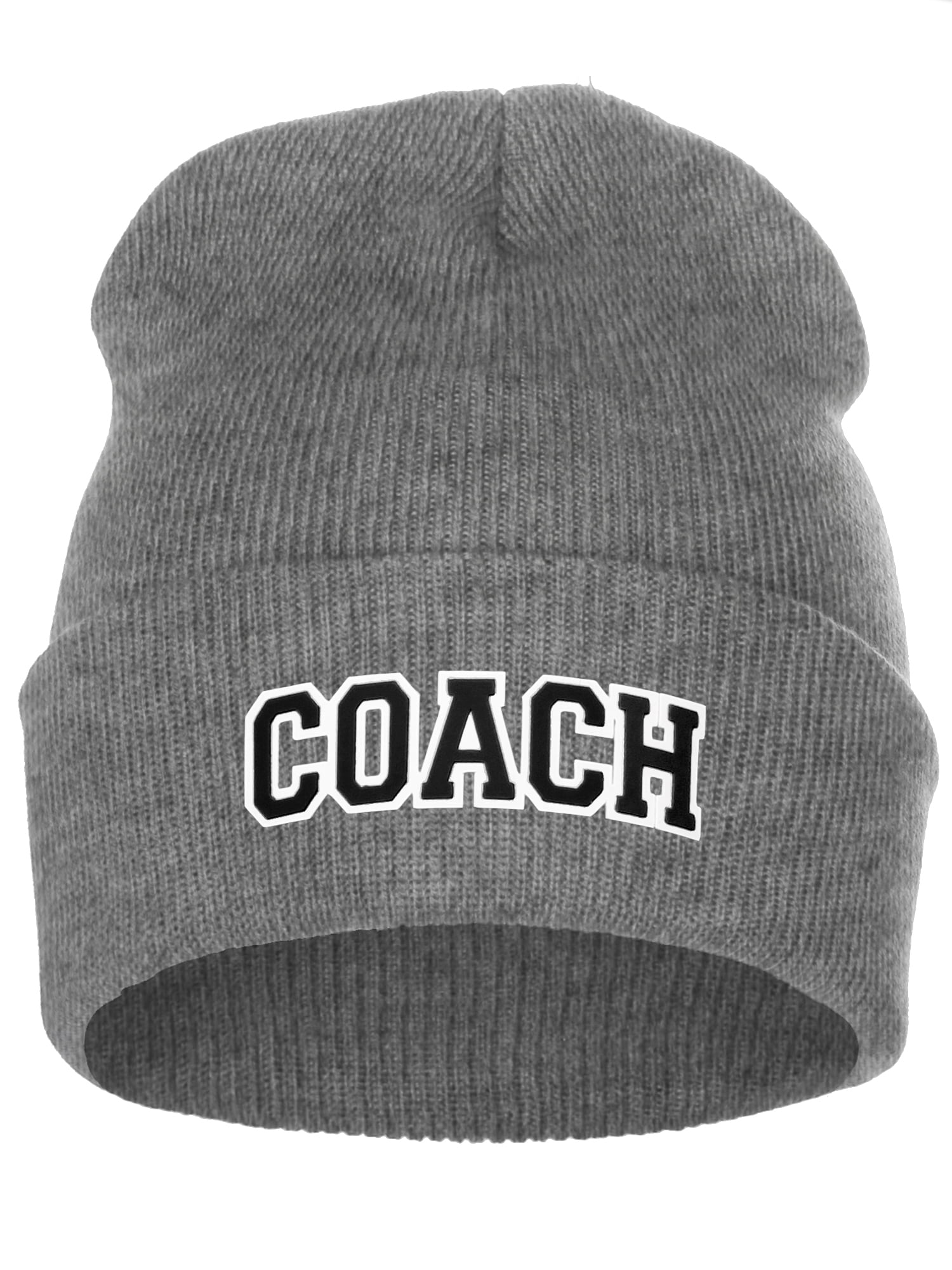 White I&W Cuffed Winter Beanie Coach Team Nay Hat, Sports Knit Beanie Black Arch Letters