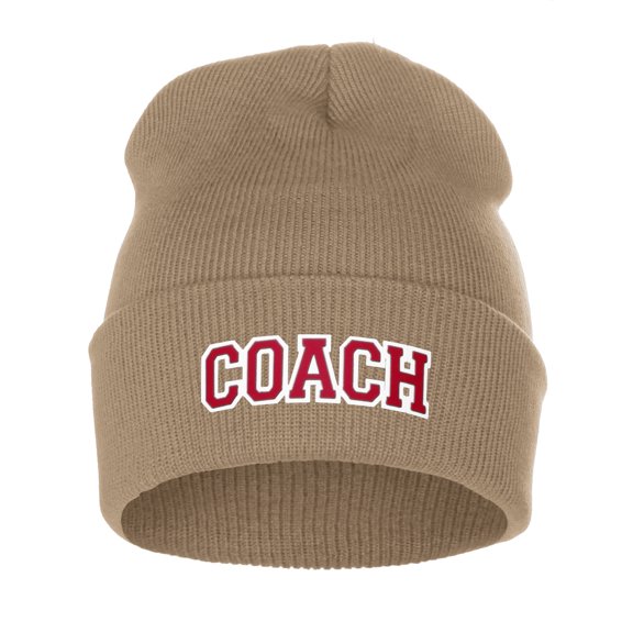 I&W Sports Team Coach Arch Letters Winter Knit Cuffed Beanie Hat, Khaki Beanie White Red